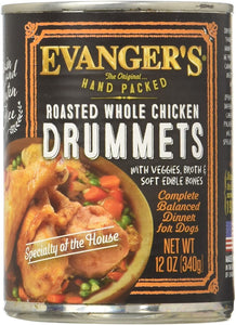 Evanger's Grain-Free Hand Packed Roasted Whole Chicken Drummets Dinner Canned Dog Food 12oz